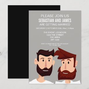 Two Grooms With Beards Cartoon Gay Wedding Themed Invitation
