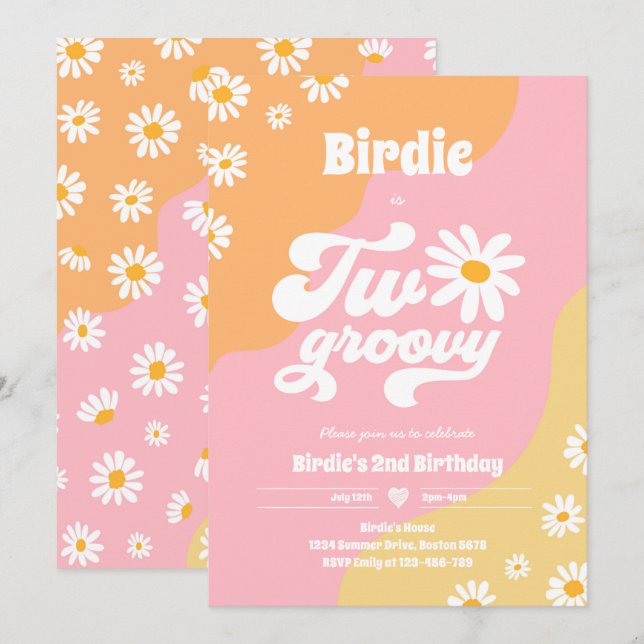 Two Groovy 2nd Birthday Party Boho Retro Daisy Inv Invitation (Front/Back)