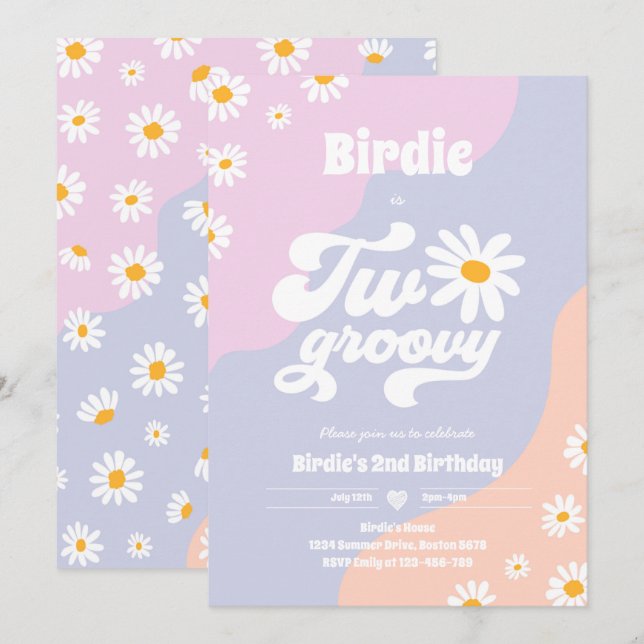 Two Groovy 2nd Birthday Party Boho Retro Daisy Invitation (Front/Back)