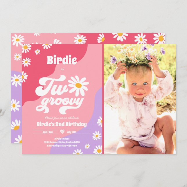 Two Groovy 2nd Birthday Party Boho Retro Daisy Invitation (Front/Back)