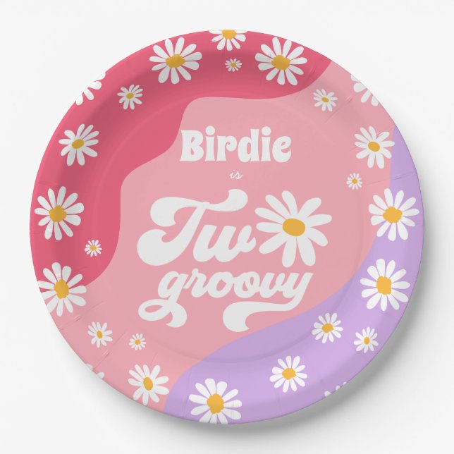 Two Groovy 2nd Birthday Party Boho Retro Daisy Paper Plate (Front)