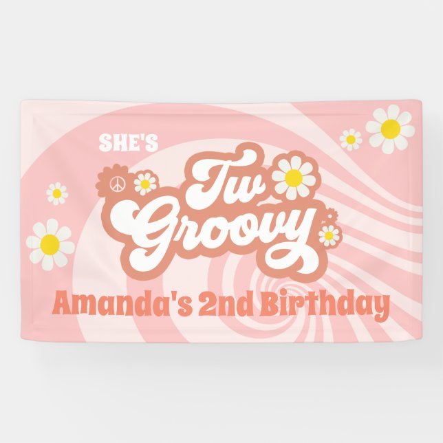 Two Groovy 2nd Birthday Party Retro Daisy Banner (Horizontal)