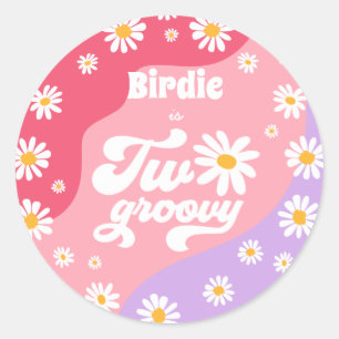 Two Groovy 2nd Birthday Party Retro Daisy Favours Classic Round Sticker