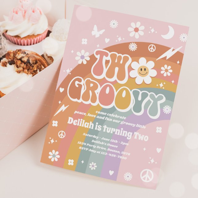 Two Groovy 2nd Birthday Peace Love Party Rainbow Invitation (Creator Uploaded)