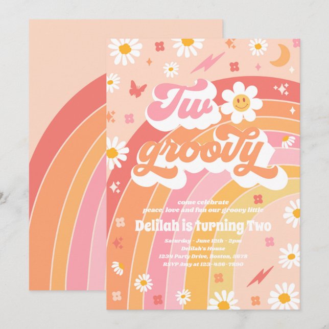 Two Groovy 2nd Birthday Peace Love Party Rainbow Invitation (Front/Back)