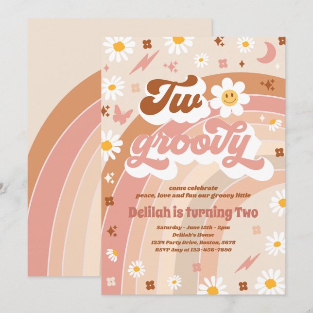 Two Groovy 2nd Birthday Peace Love Party Rainbow Invitation (Front/Back)