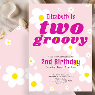Two Groovy 2nd Birthday Pink Flower Power Hippie Invitation