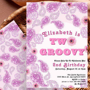 Two Groovy 2nd Birthday Pink Paisley and Flowers Invitation