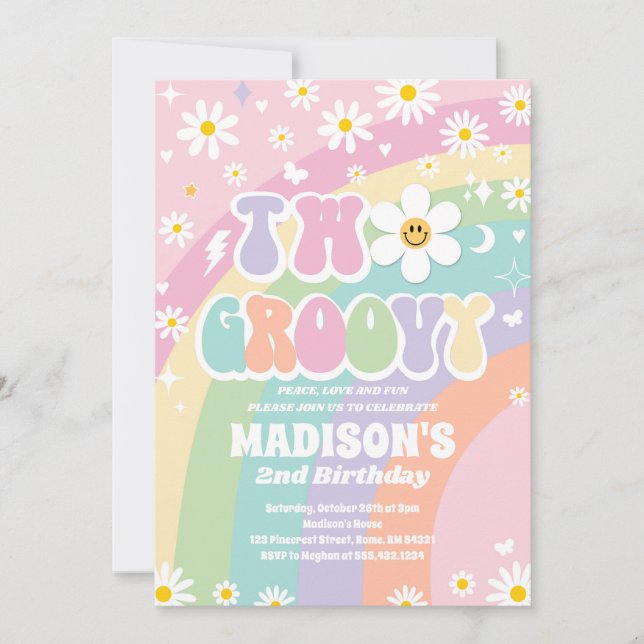 Two Groovy 2nd Birthday Rainbow Peace Love Party  Invitation (Front)