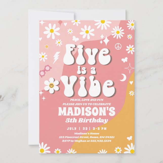 Two Groovy 5th Birthday Rainbow Peace Love Party  Invitation (Front)