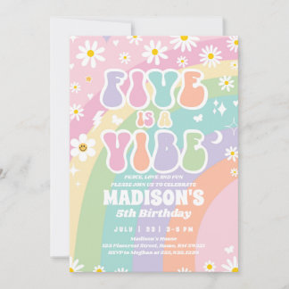 Two Groovy 5th Birthday Rainbow Peace Love Party  Invitation