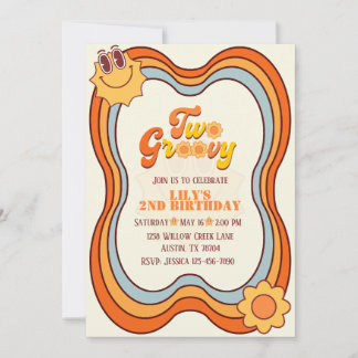 Two Groovy 70s Retro Rainbow Second Birthday Invitation