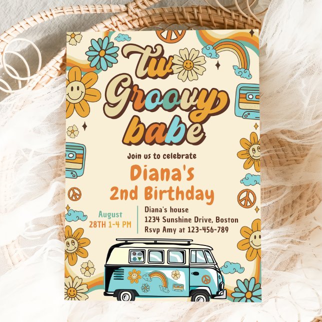 Two Groovy Babe Retro Rainbow 2nd Birthday Party Invitation (Creator Uploaded)