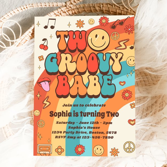 Two Groovy Babe Retro Rainbow 2nd Birthday Party Invitation (Creator Uploaded)
