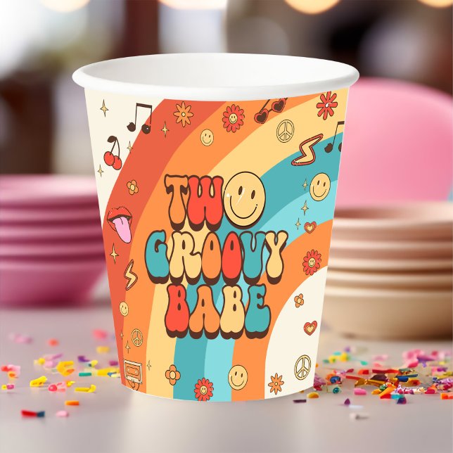 Two Groovy Babe Retro Rainbow 2nd Birthday Party Paper Cups (Creator Uploaded)