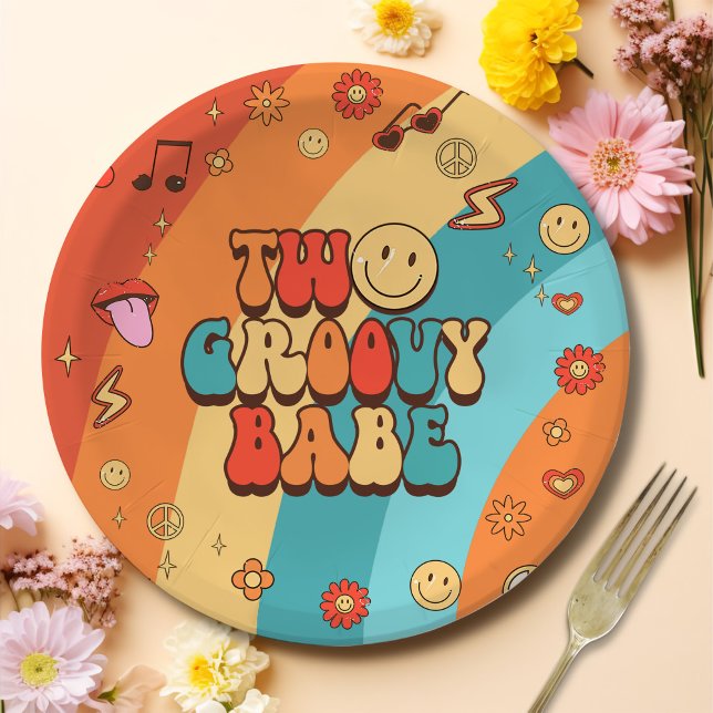 Two Groovy Babe Retro Rainbow 2nd Birthday Party Paper Plate (Creator Uploaded)
