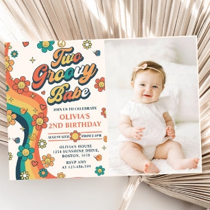 Two Groovy Babe Retro Rainbow 2nd Birthday Photo Invitation
