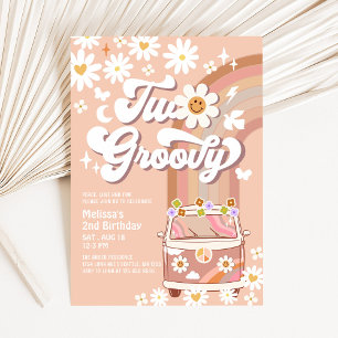 TWO Groovy Beige Mauve Daisy 2nd Birthday Invitation