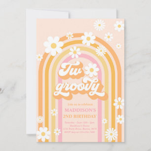 Two Groovy Boho Daisy Rainbow 2nd Birthday Party Invitation