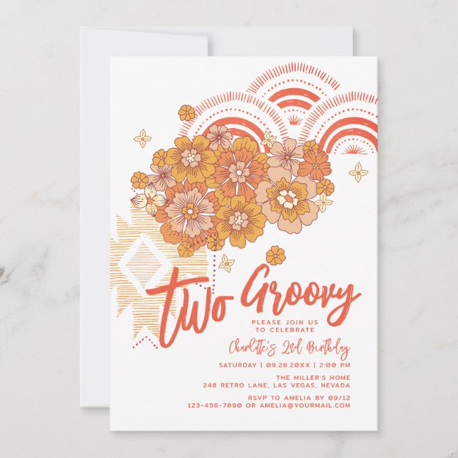 Two Groovy Boho Floral Groovy 2nd Birthday Party Invitation (Front)