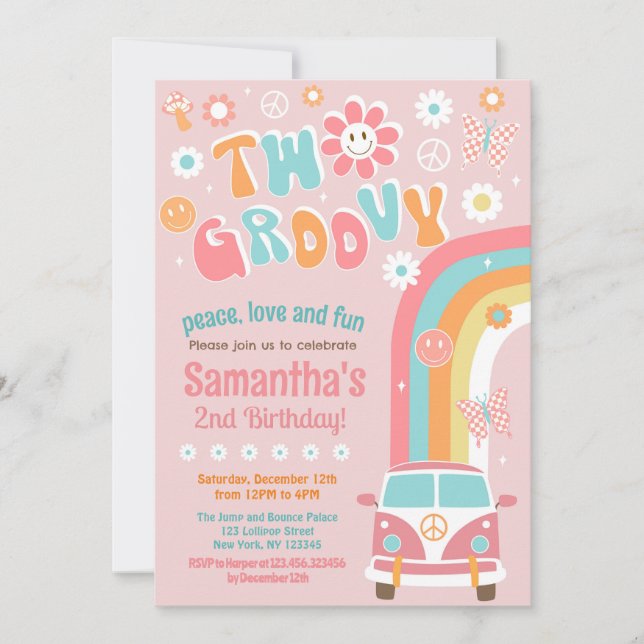 Two Groovy Boho Retro 2nd Birthday Invitations (Front)