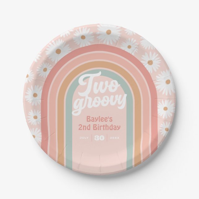 Two Groovy Boho Retro Daisy 2nd Birthday Party Paper Plate (Front)