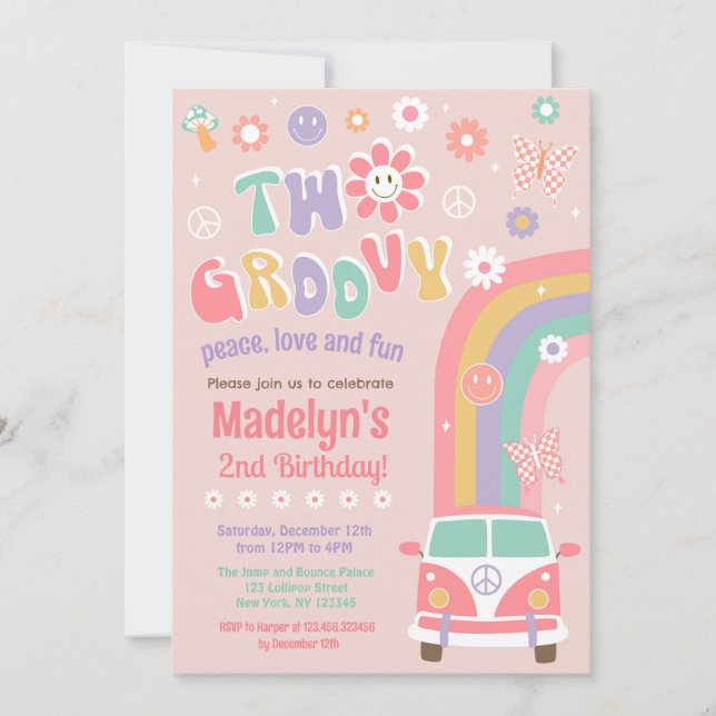 Two Groovy Boho Retro Hippie Birthday Invitations (Front)