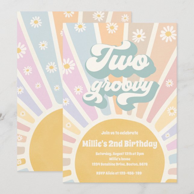 Two Groovy Boho Sunshine Daisy 2nd Birthday Party Invitation (Front/Back)