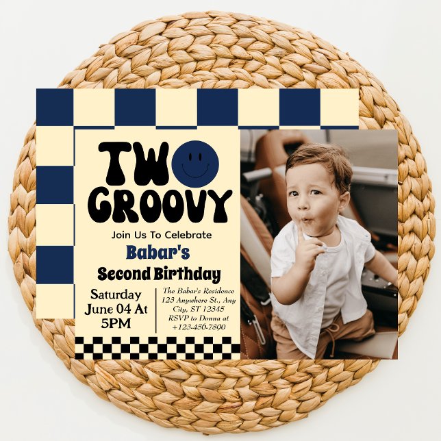 Two Groovy Boy 2nd Birthday Photo  Invitation (Creator Uploaded)
