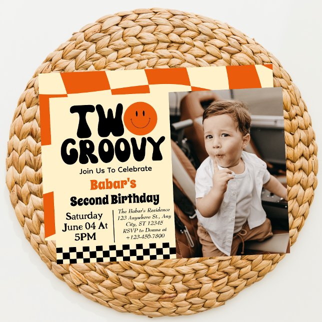 Two Groovy Boy 2nd Birthday Photo  Invitation (Creator Uploaded)