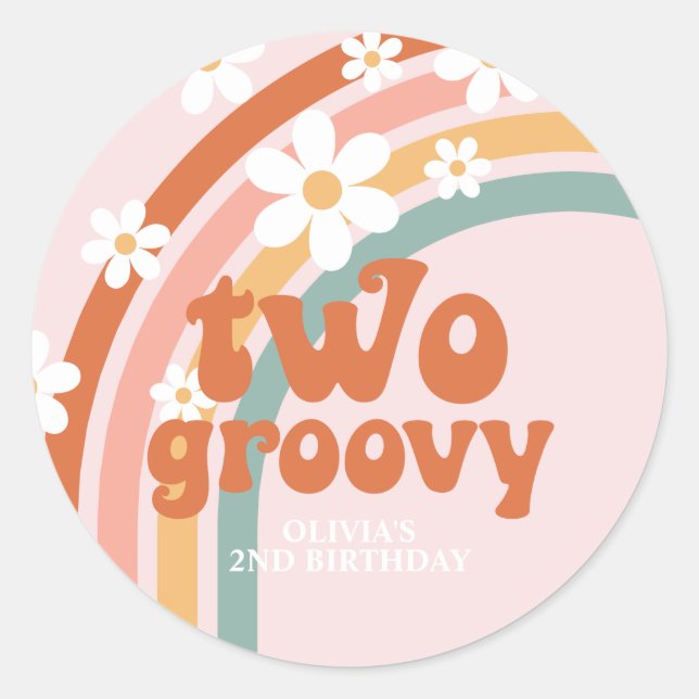 Two Groovy daisy boho floral rainbow 2nd birthday Classic Round Sticker (Front)