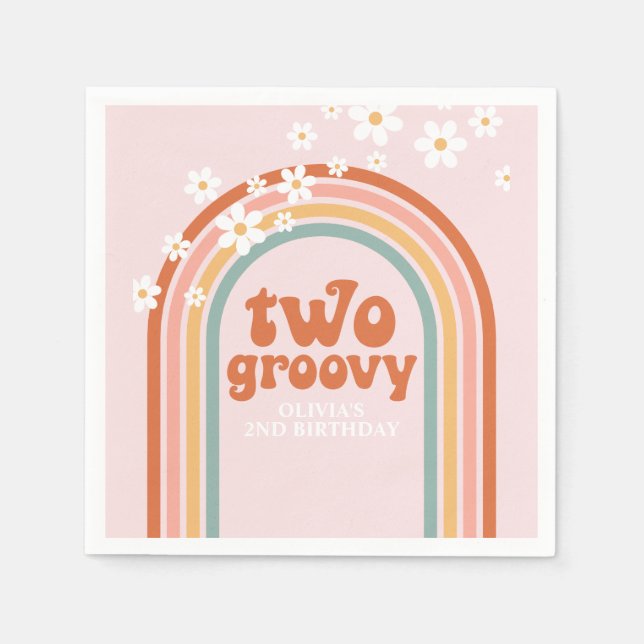 Two Groovy daisy boho floral rainbow 2nd birthday Napkin (Front)