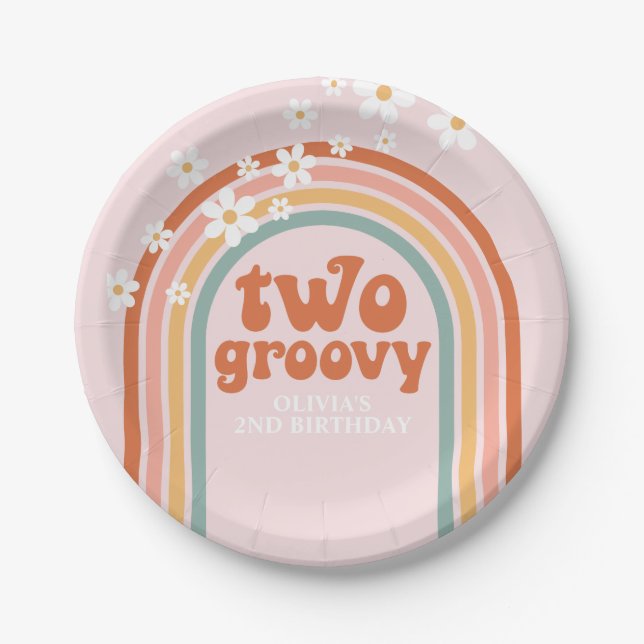 Two Groovy daisy boho floral rainbow 2nd birthday Paper Plate (Front)