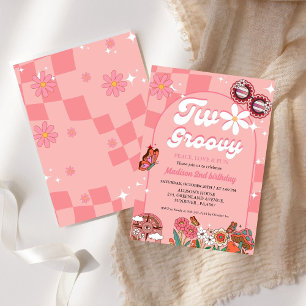 Two groovy daisy flower Retro Groovy 2nd birthday Invitation