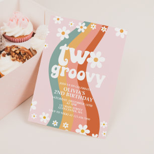 TWO Groovy daisy rainbow 2nd birthday Invitation