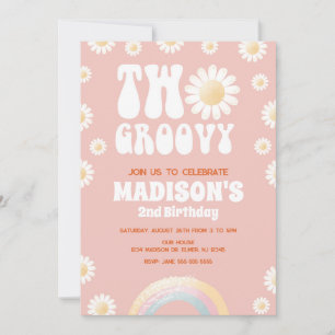 Two Groovy Daisy Rainbow 70s Retro 2nd Birthday Invitation