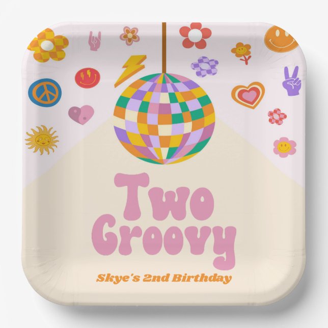 Two Groovy Disco Ball 2nd Birthday Party Paper Plate (Front)