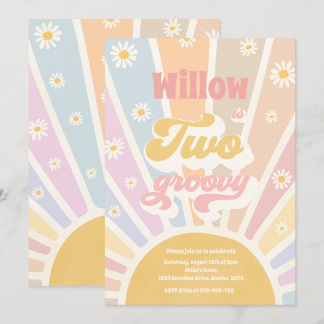 Two Groovy Hippie 2nd Birthday Sunshine Daisy Invitation (Front/Back)