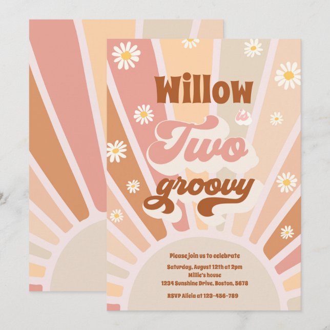 Two Groovy Hippie 2nd Birthday Sunshine Daisy Invitation (Front/Back)