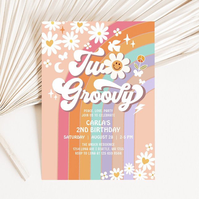 TWO Groovy Hippie 70's Retro 2nd Birthday Invitation (Creator Uploaded)