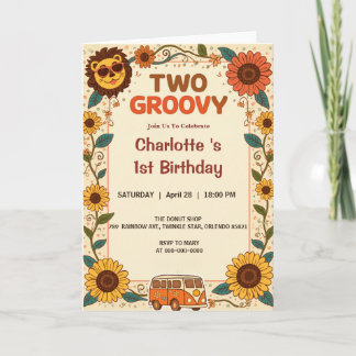 Two Groovy Lion Birthday Retro 70s 2nd Birthday Invitation