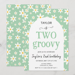 TWO groovy Mint Green Daisy 2nd Birthday Invitation