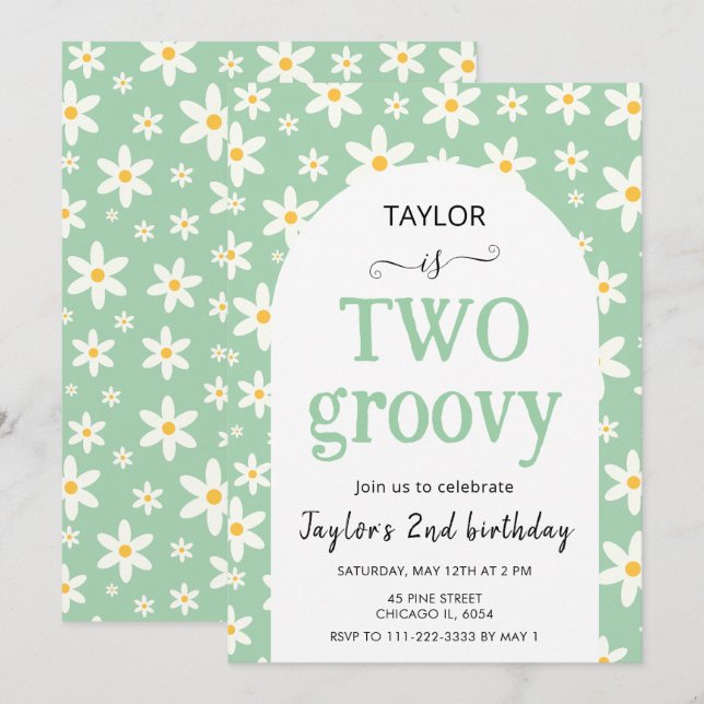 TWO groovy Mint Green Daisy 2nd Birthday Invitation (Front/Back)
