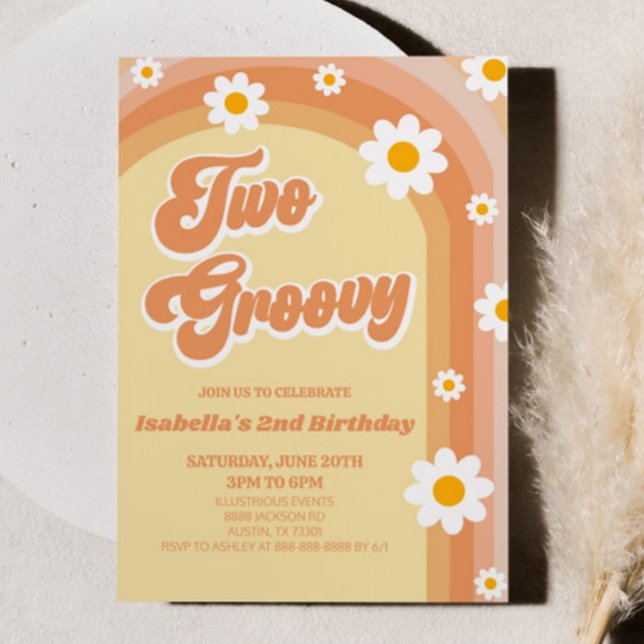 Two Groovy Orange Retro Daisy 2nd Birthday Party Invitation (Creator Uploaded)