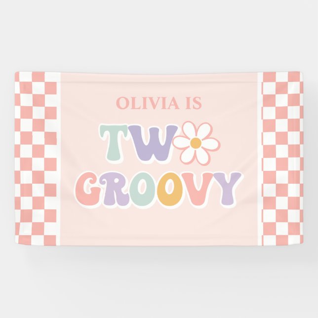 Two Groovy Pink Daisy Chequered Banner (Horizontal)