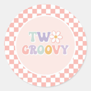 Two Groovy Pink Daisy Chequered Classic Round Sticker