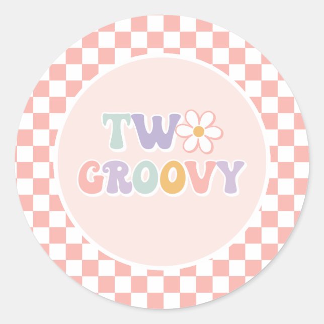 Two Groovy Pink Daisy Chequered Classic Round Sticker (Front)