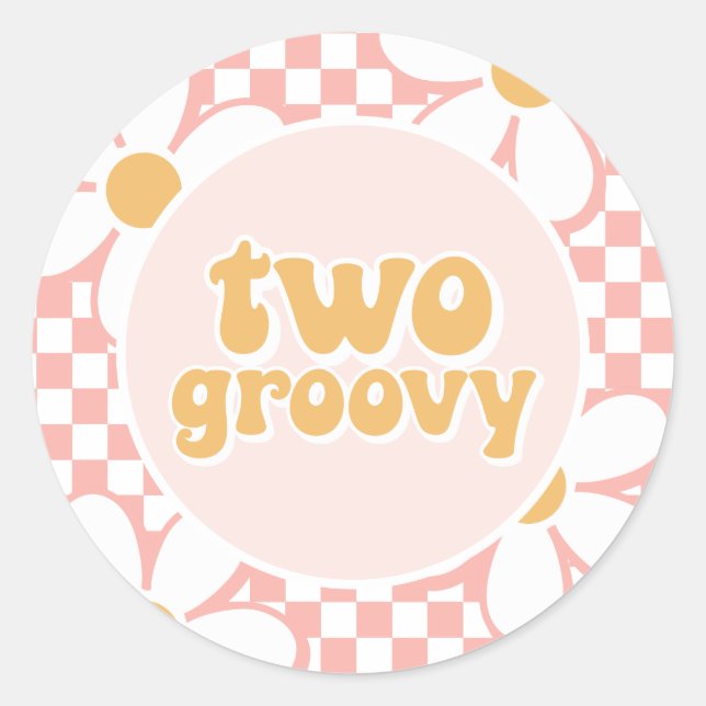 Two Groovy Pink Daisy Chequered Classic Round Sticker (Front)