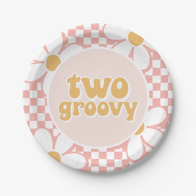 Two Groovy Pink Daisy Chequered Paper Plate (Front)