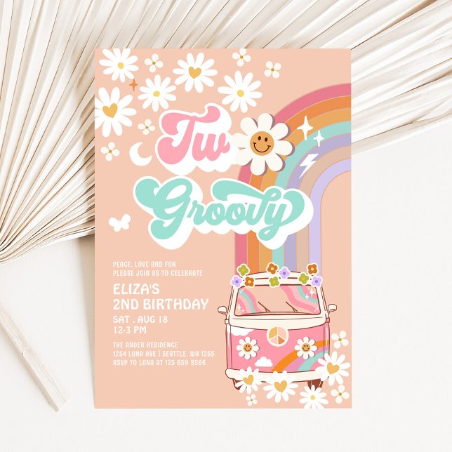 Two Groovy Pink Daisy Rainbow Van 2nd Birthday Invitation (Creator Uploaded)